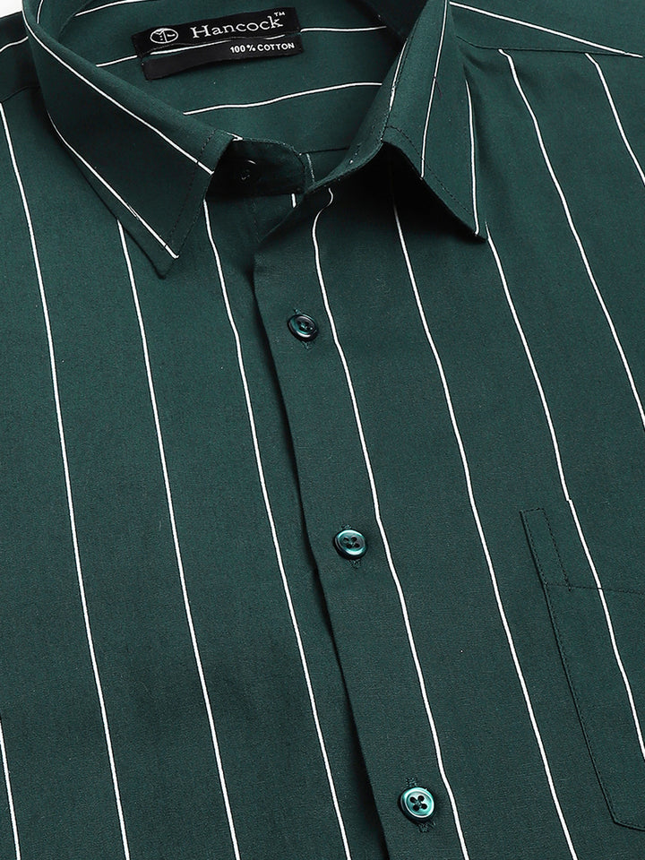 Men Bottle Green Striped Pure Cotton Slim Fit Casual Shirt