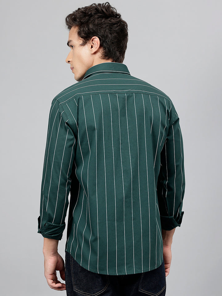 Men Bottle Green Striped Pure Cotton Slim Fit Casual Shirt