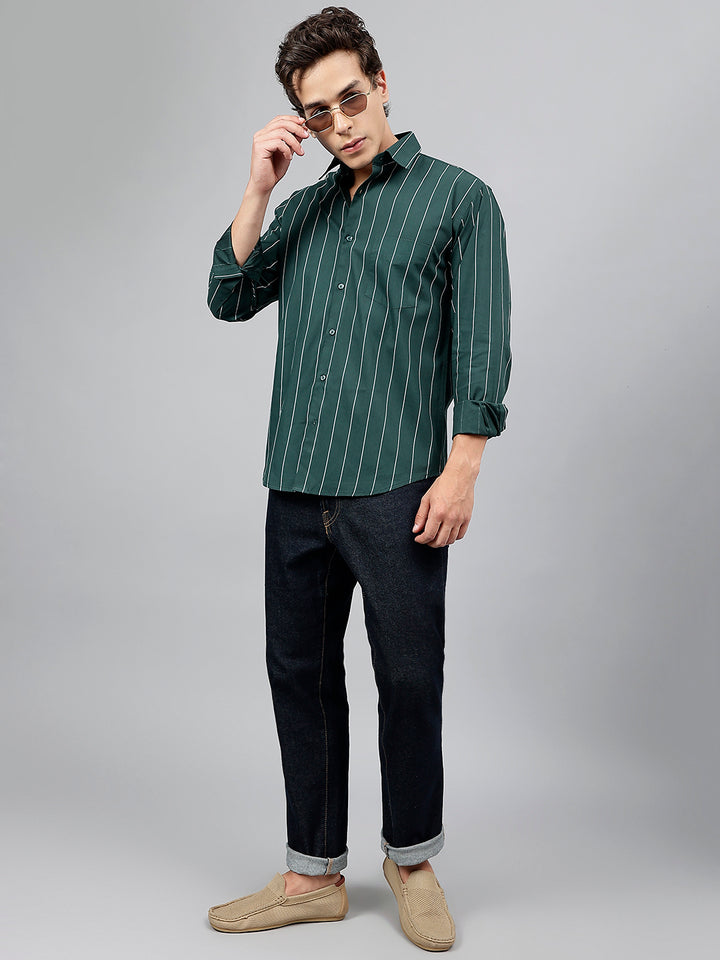 Men Bottle Green Striped Pure Cotton Slim Fit Casual Shirt