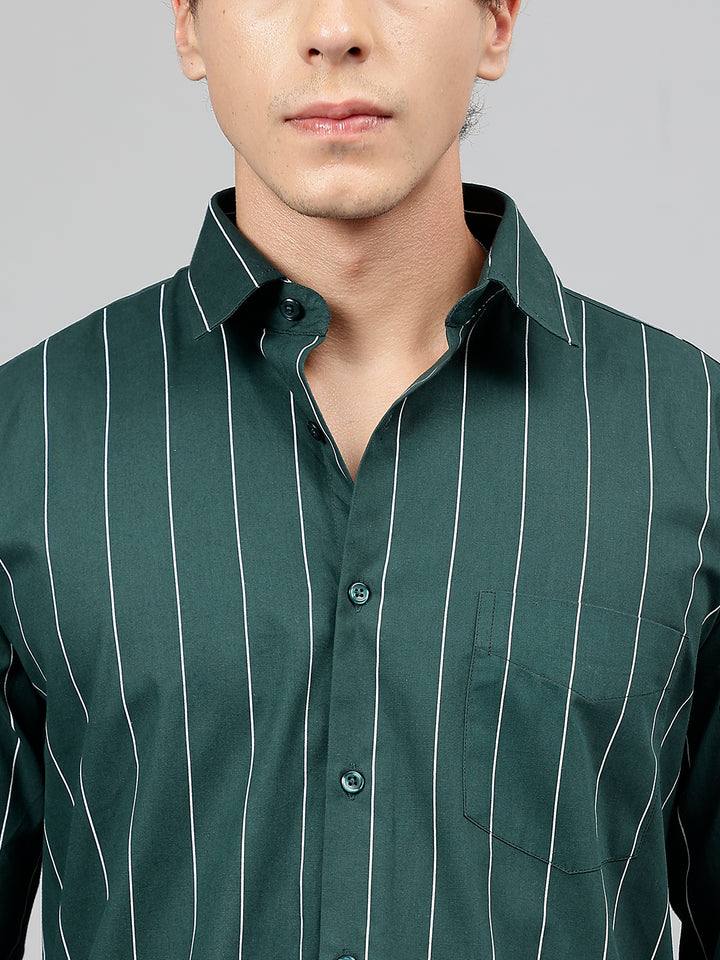 Men Bottle Green Striped Pure Cotton Slim Fit Casual Shirt