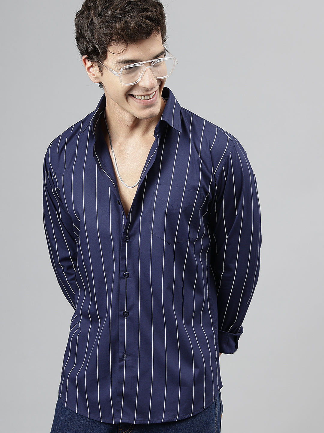 Men Navy Blue Striped Pure Cotton Slim Fit Casual Shirt