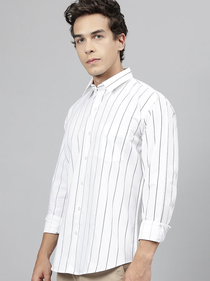Men White Striped Pure Cotton Slim Fit Casual Shirt