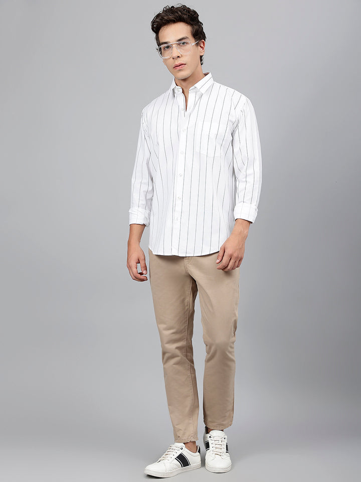 Men White Striped Pure Cotton Slim Fit Casual Shirt