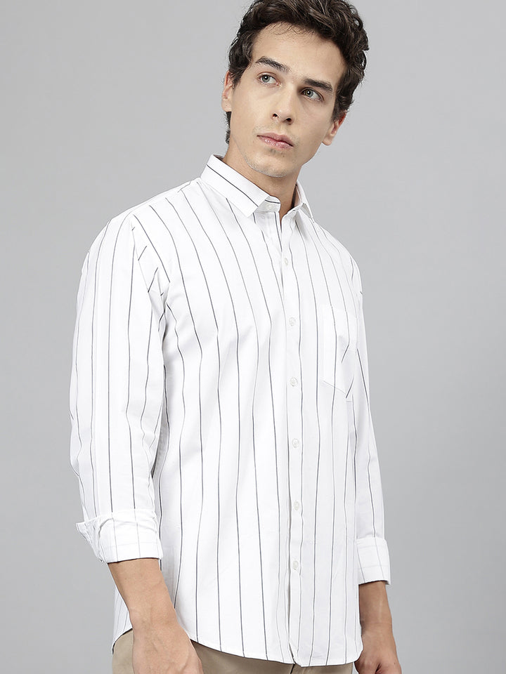 Men White Striped Pure Cotton Slim Fit Casual Shirt