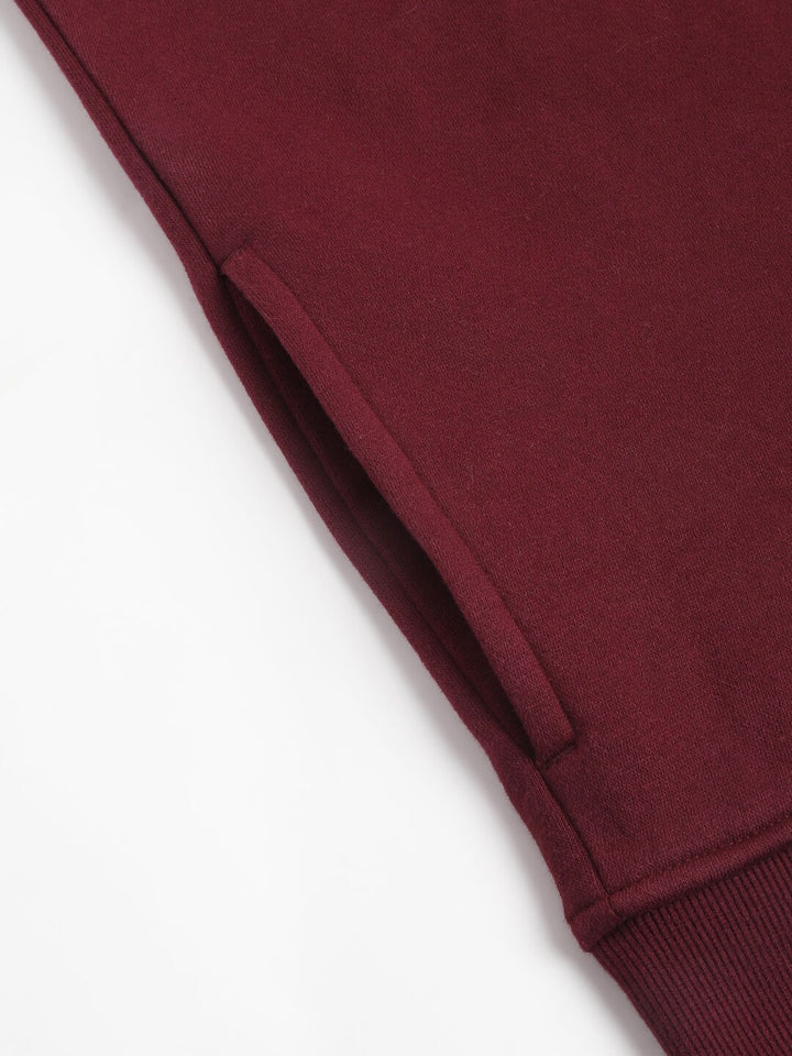 Men Burgundy Solid Half Zipper Long Sleeves Fleece Sweatshirt