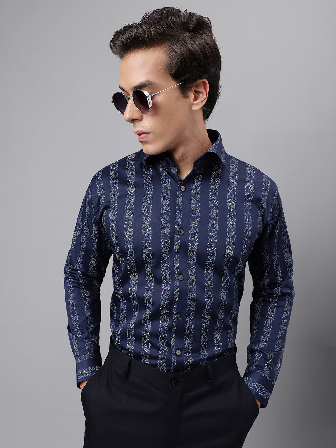 Hancock Men Navy Blue Floral Striped Printed Cotton Satin Slim Fit