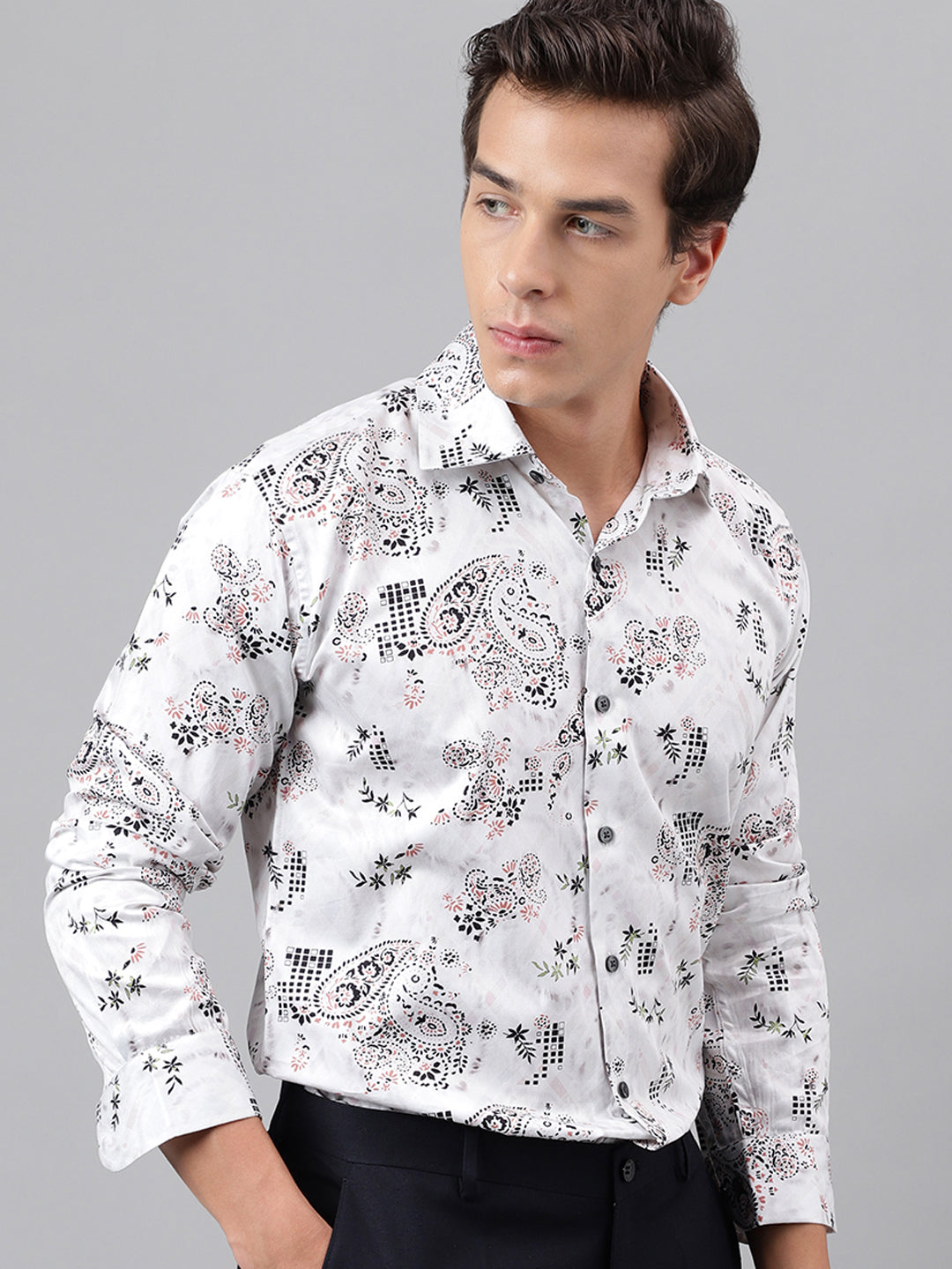 Hancock Men Light Grey Black Floral Digital Printed Cotton Satin