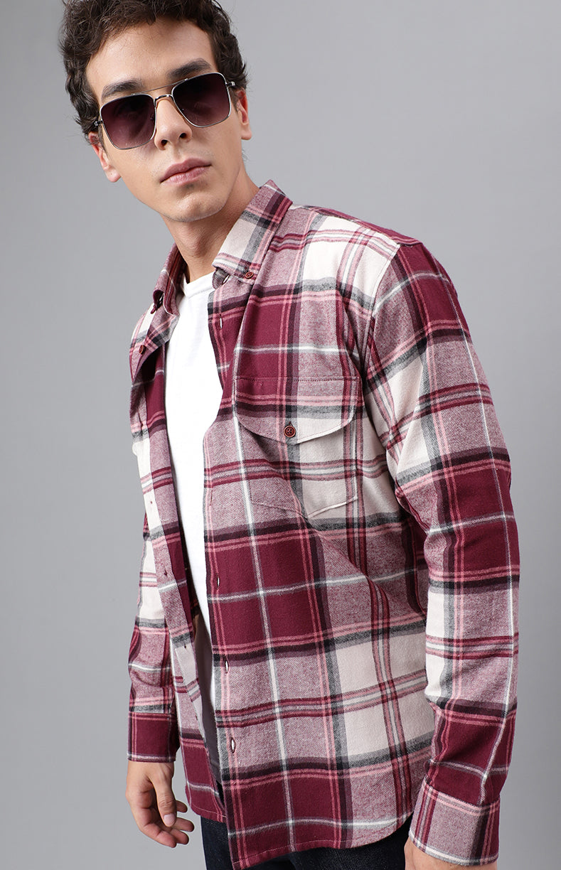 Men Burgundy White Tartan Flannel Checked Pure Cotton Slim Fit Casual  Shirt