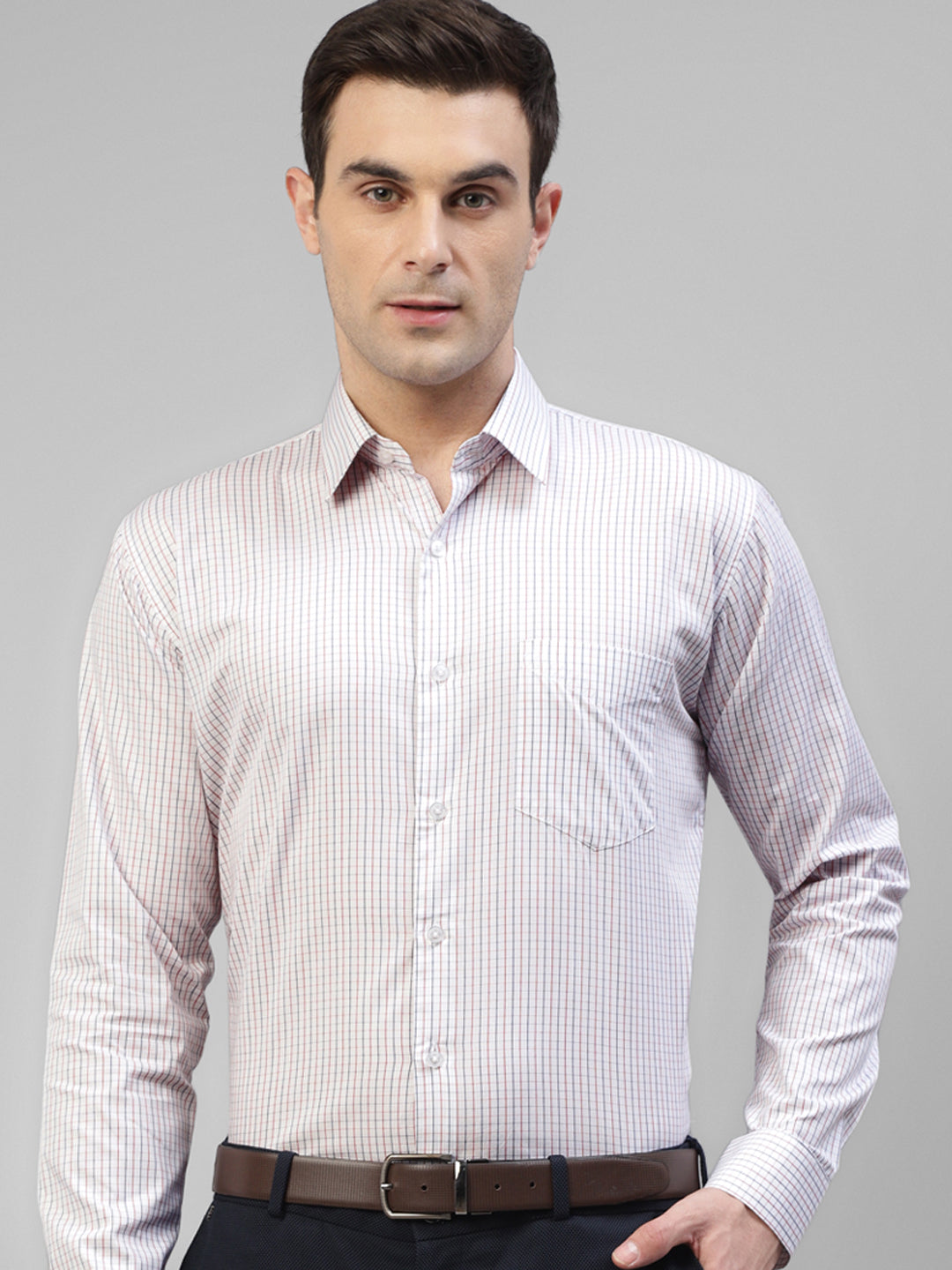 Men White Red Micro Checked Pure Cotton Slim Fit Formal Shirt
