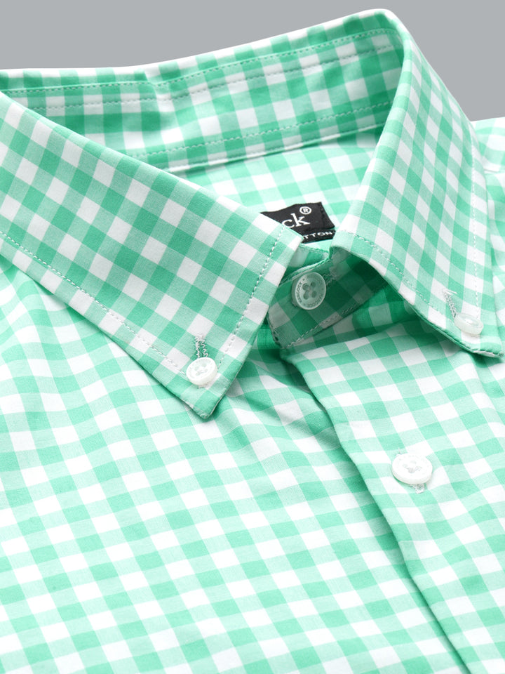 Men White & Green Gingham Checked Wrinkle Resistant Pure Cotton Slim Fit Formal Shirt