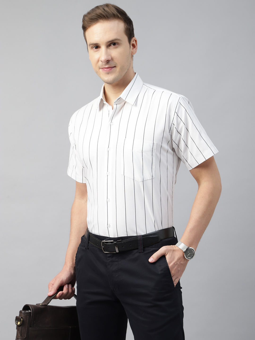 Men White Striped Cotton Slim Fit Short Sleeve Formal Shirt