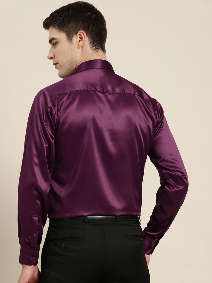 Men Burgundy Solid Satin Tuxedo Slim fit Party Shirt