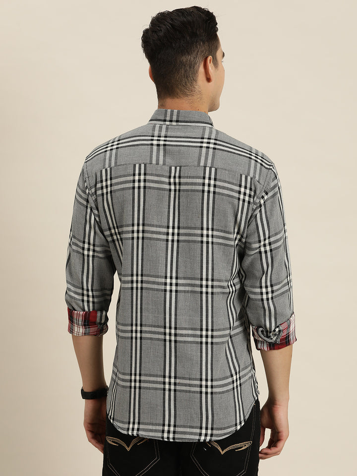 Men Black & White Checks Pure Cotton Slim fit Casual Shirt