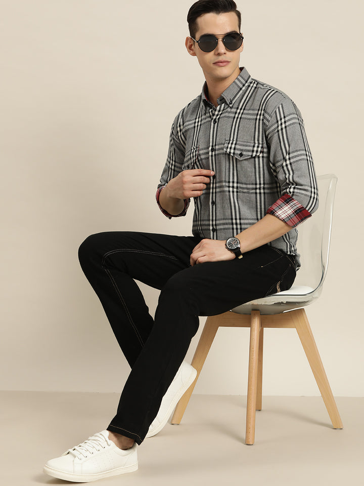Men Black & White Checks Pure Cotton Slim fit Casual Shirt