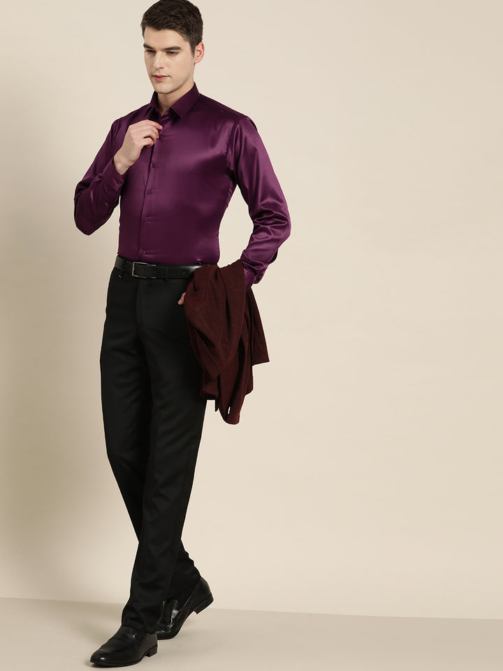 Men Burgundy Solid Satin Tuxedo Slim fit Party Shirt
