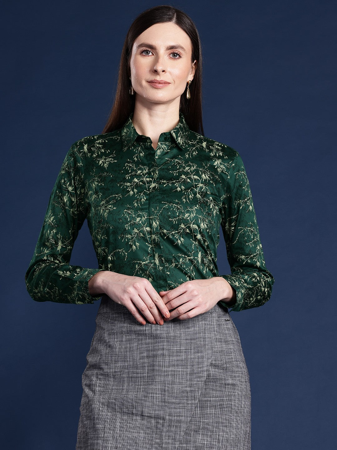 slim fit dress slacks Shop Green Pointed Collar Shirt for Ladies with Free Shipping main image 1