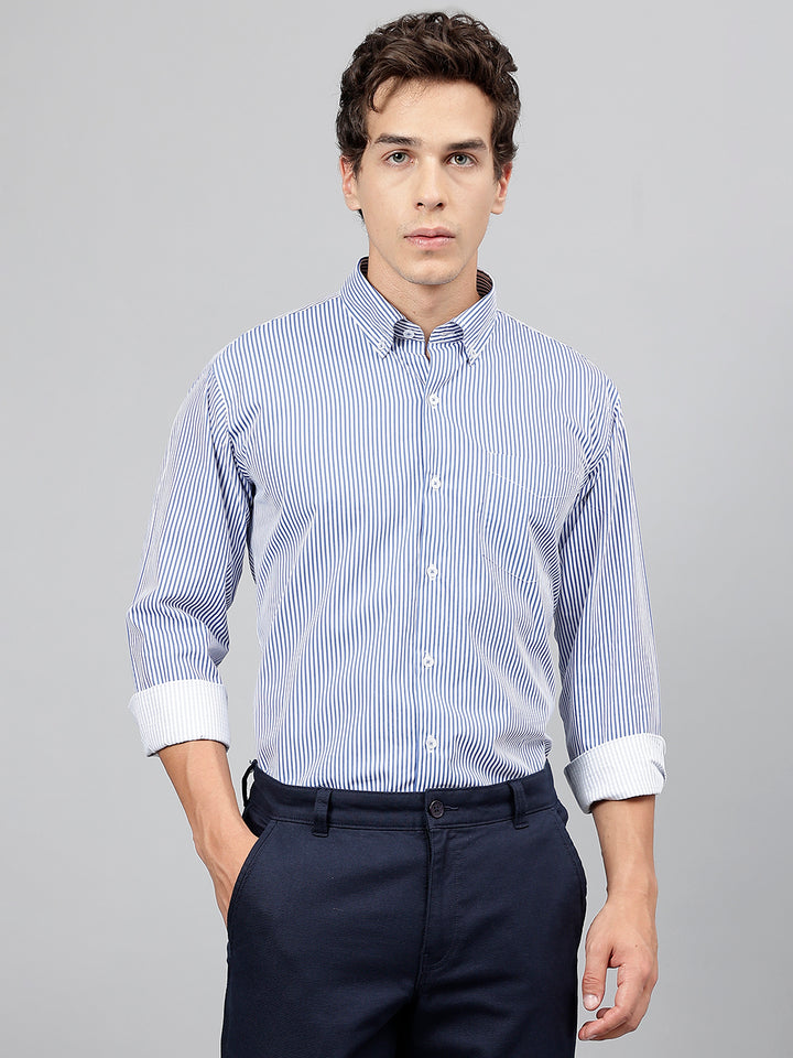 Men White & Blue Pure Cotton Candy Striped Button- Down Collar Slim Fit Casual Shirt