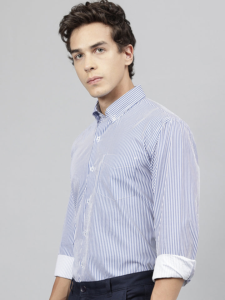 Men White & Blue Pure Cotton Candy Striped Button- Down Collar Slim Fit Casual Shirt