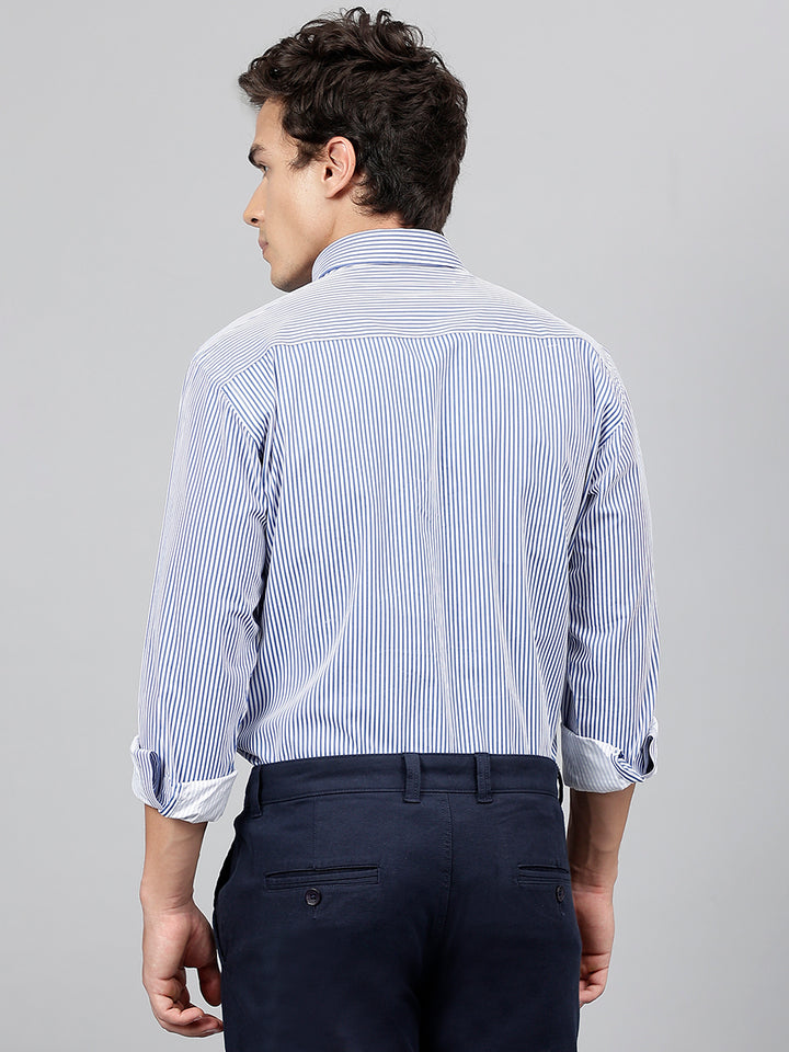 Men White & Blue Pure Cotton Candy Striped Button- Down Collar Slim Fit Casual Shirt