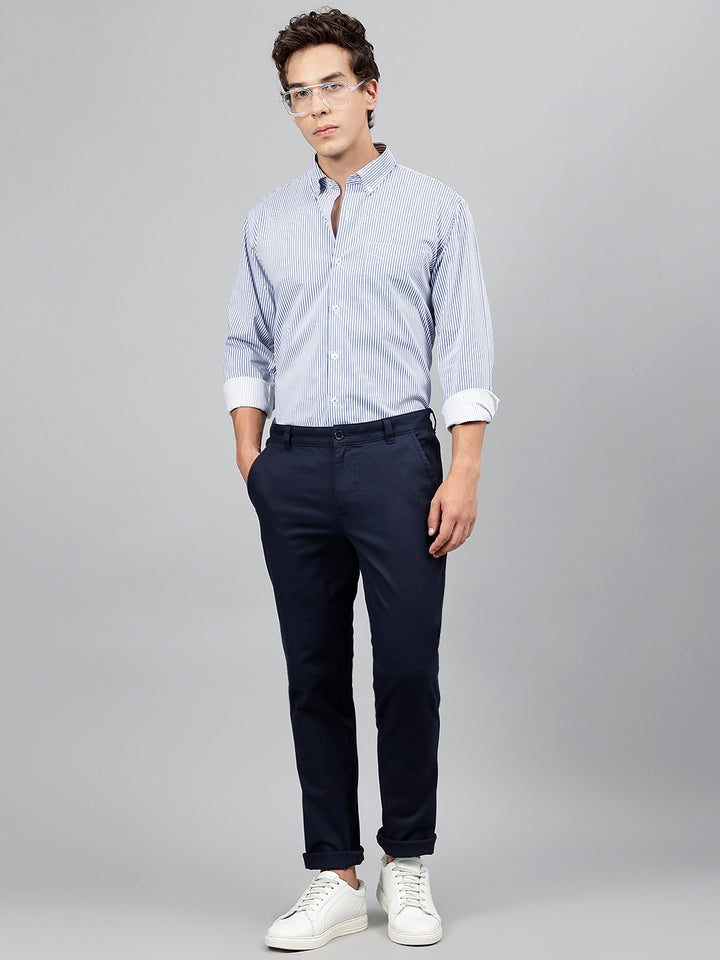 Men White & Blue Pure Cotton Candy Striped Button- Down Collar Slim Fit Casual Shirt