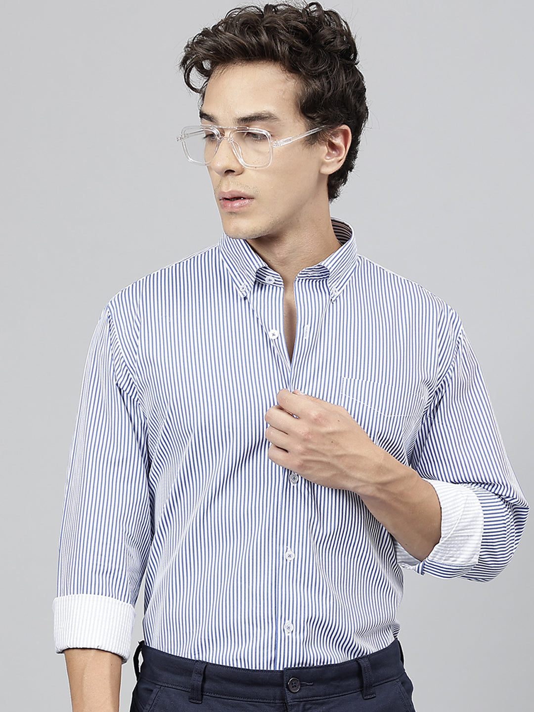 Men White Blue Pure Cotton Candy Striped Button- Down Collar Slim Fit Casual Shirt