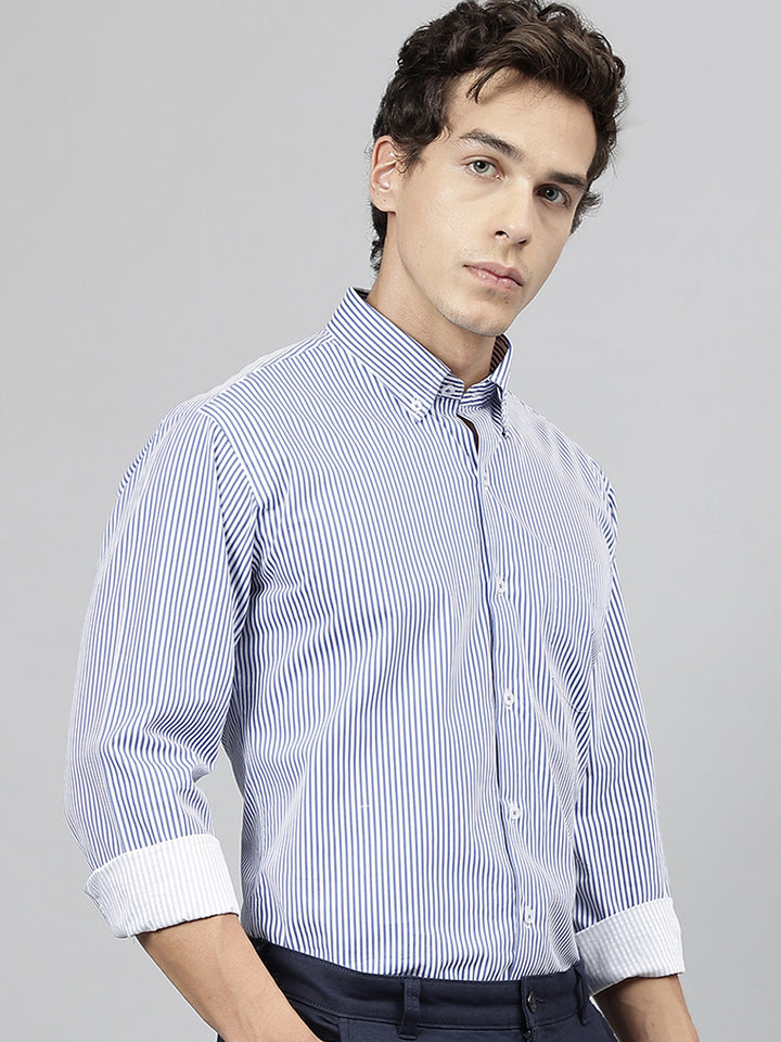 Men White & Blue Pure Cotton Candy Striped Button- Down Collar Slim Fit Casual Shirt