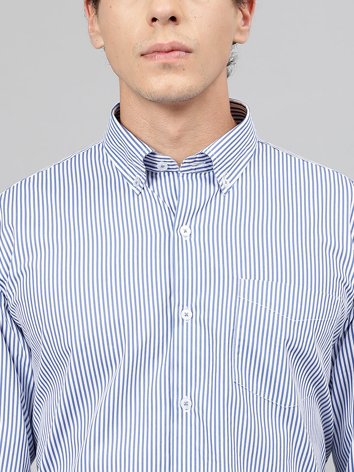 Men White & Blue Pure Cotton Candy Striped Button- Down Collar Slim Fit Casual Shirt
