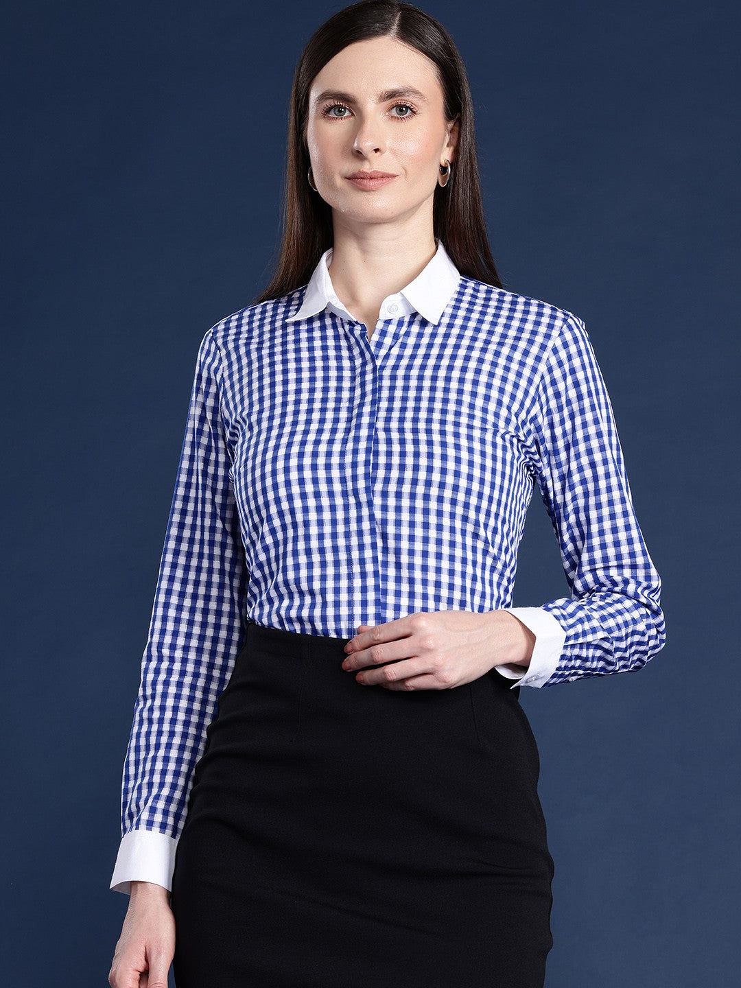Women White Blue Gingham Checks Pure Cotton Bankers Formal Shirt