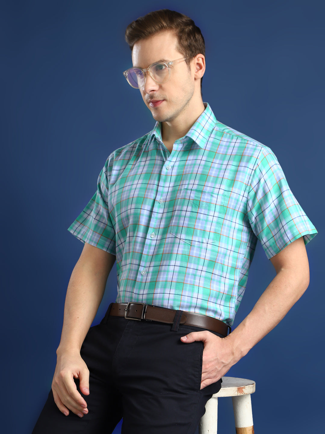 Men Green White Checked Cotton Slim Fit Short Sleeve Formal Shirt