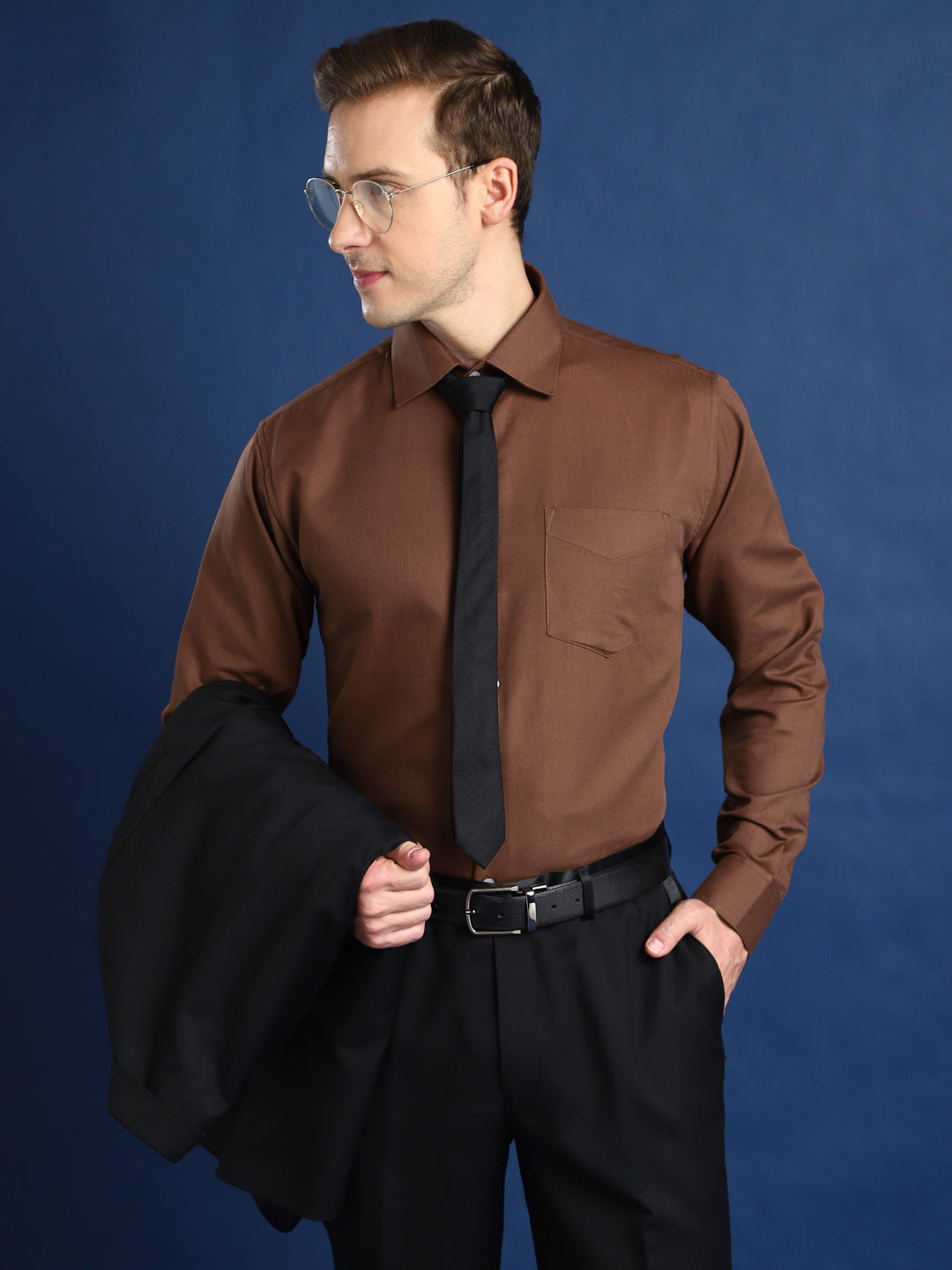 Mens Brown Pants Black Shirt Men Brown Self Cotton Slim Fit