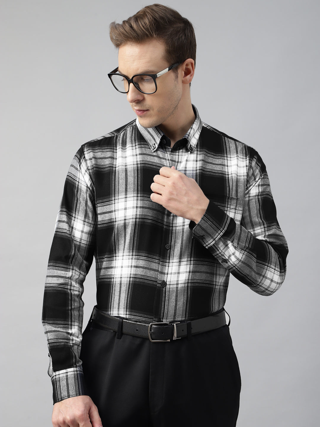 Men Black White Flannel Checked Cotton Slim Fit Formal Shirt