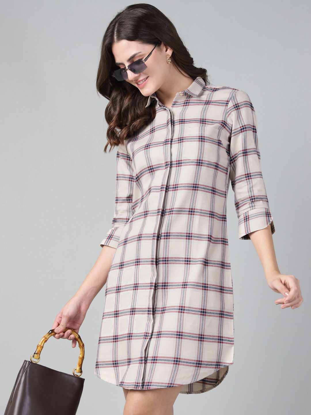Hancock Women Beige & Maroon Check Spread Collar Regular Fit Formal Dress