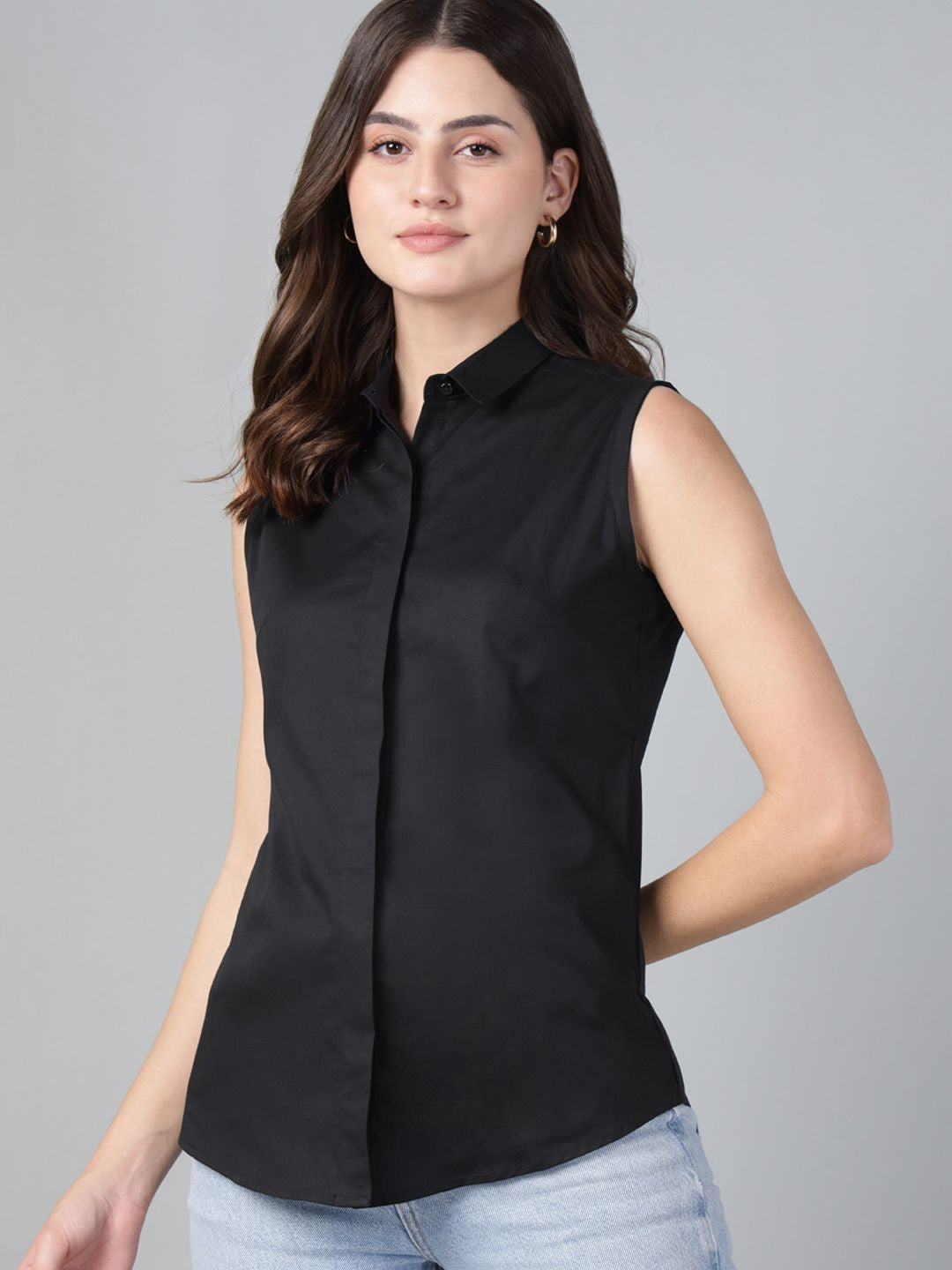 Hancock Women Black Solid Pure Cotton Sleeveless Slim Fit Formal Shirt
