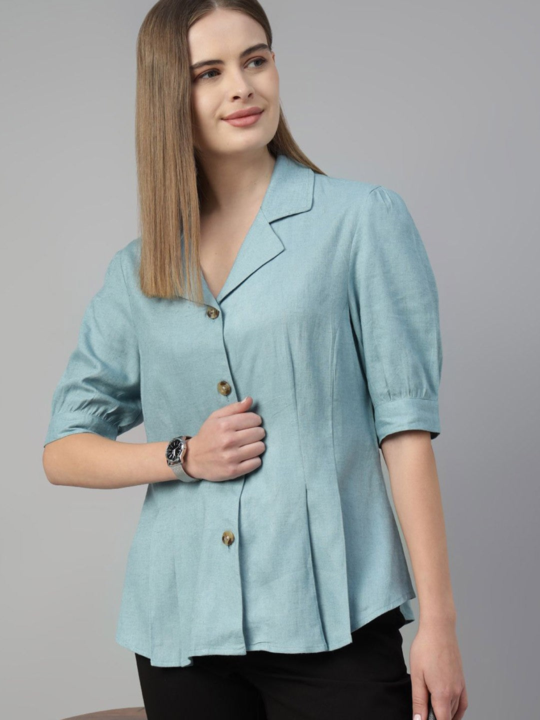 Hancock Women Sea Green Solids Linen Cotton Regular Fit Formal Shirt