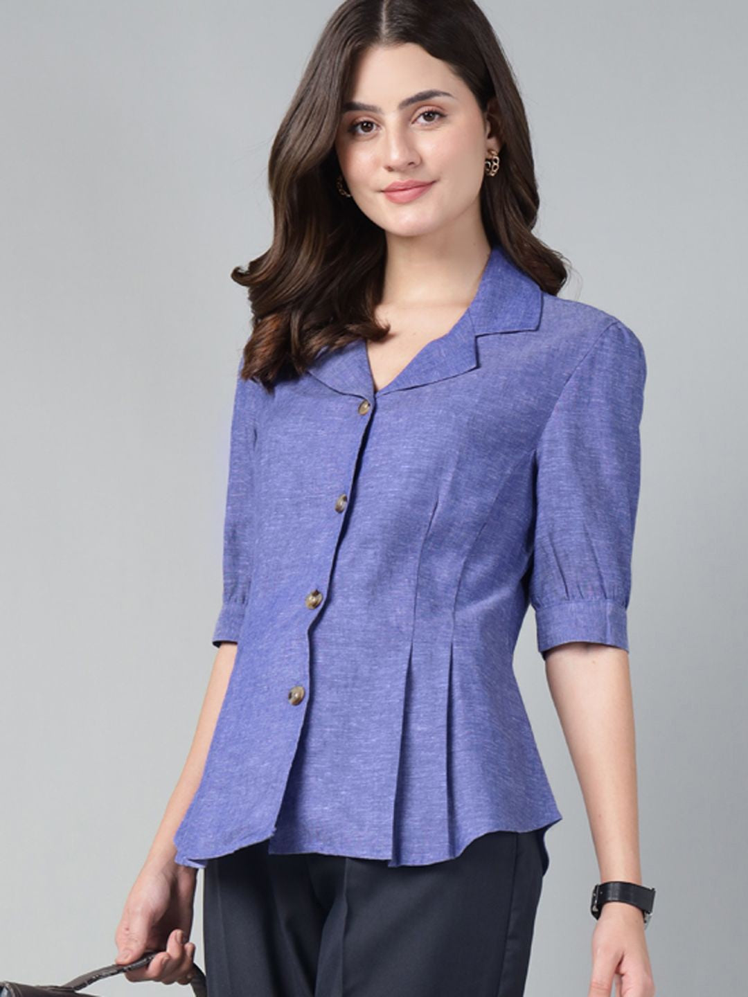Hancock Women Royal Blue Solid Pure Cotton Cuban collar Pleated Regular Fit Formal Shirt Hancock Women Royal Blue Solid Pure Cotton Cuban collar Pleated Regular Fit Formal Shirt