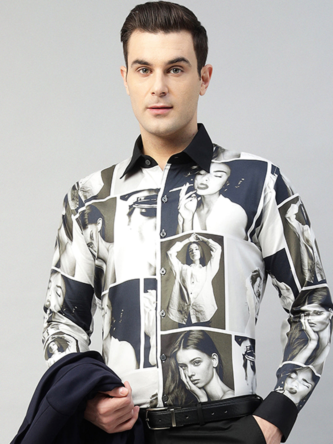 Hancock Men White & Black Prints Cotton Rich Slim Fit Party Shirt