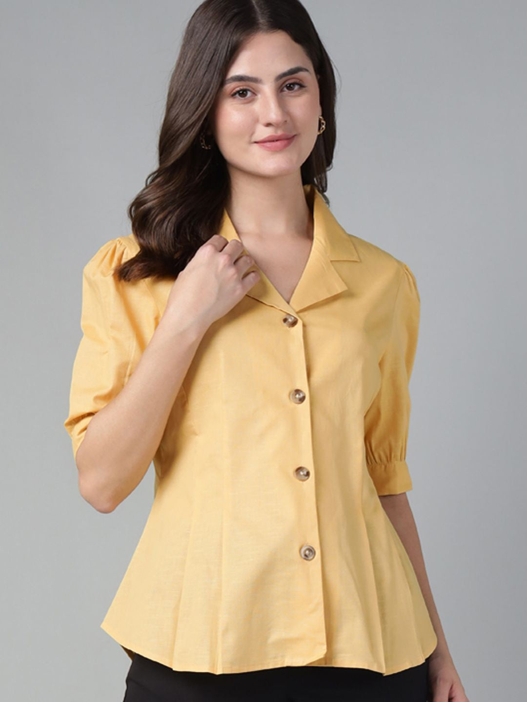 floor length velvet dress formal Hancock Women Mustard Solid Pure Cotton Cuban collar Pleated Regular Fit  Formal Shirt