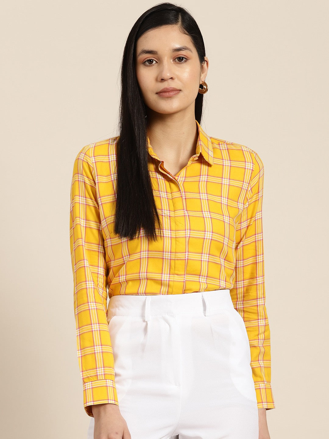 Cotton Shirt Yellow Checkered Dress Shirt Women Yellow Checks Pure