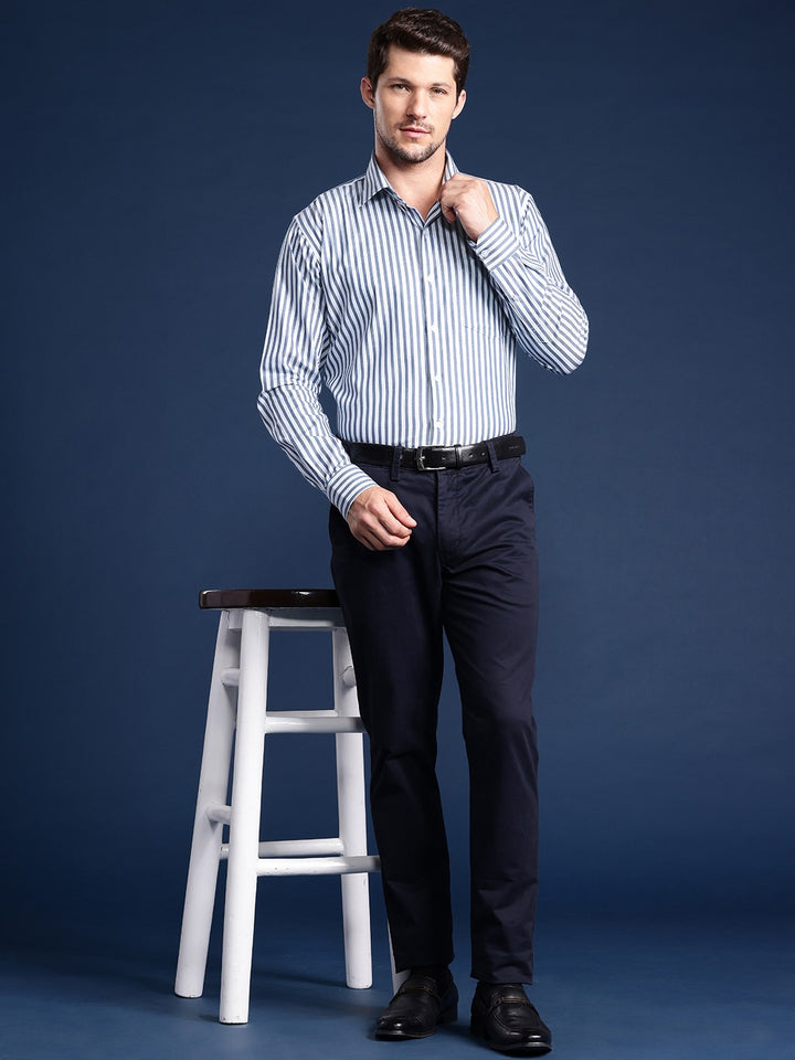 Men White Striped Pure Cotton Slim Fit Formal Shirt