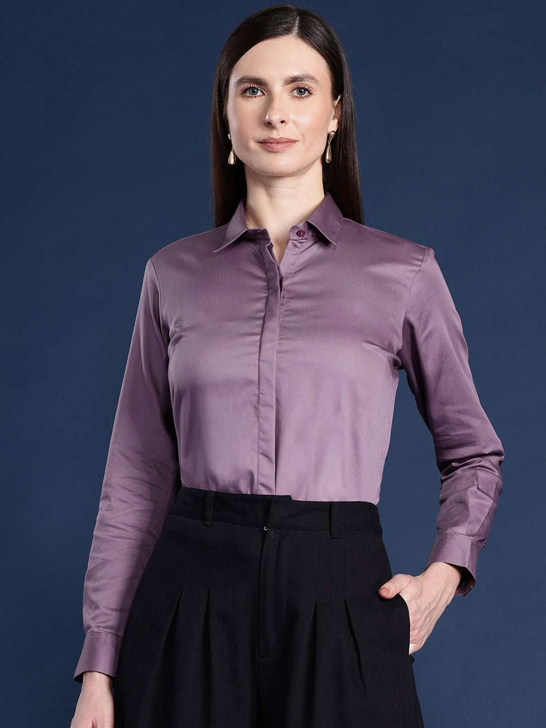 Hancock Women Purple Solid Cotton Satin Stretchable Wrinkle Free Formal  Shirt