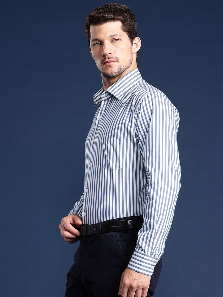 Men White Striped Pure Cotton Slim Fit Formal Shirt