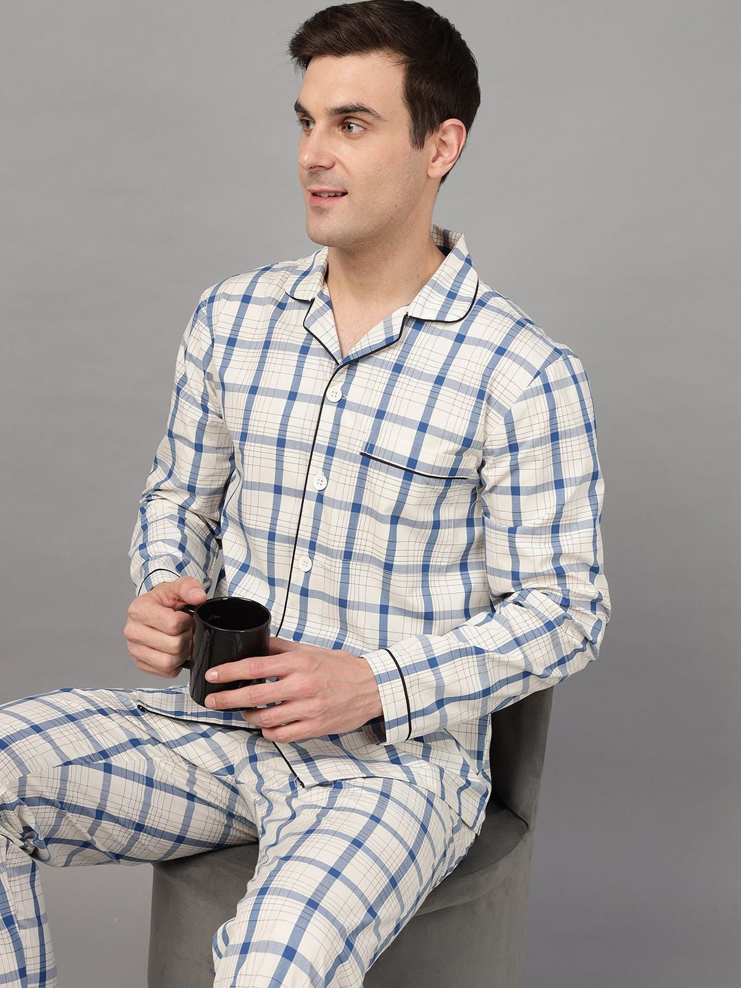 Men Cream Blue Checks Pure Cotton Relaxed Fit Night Wear Night suits