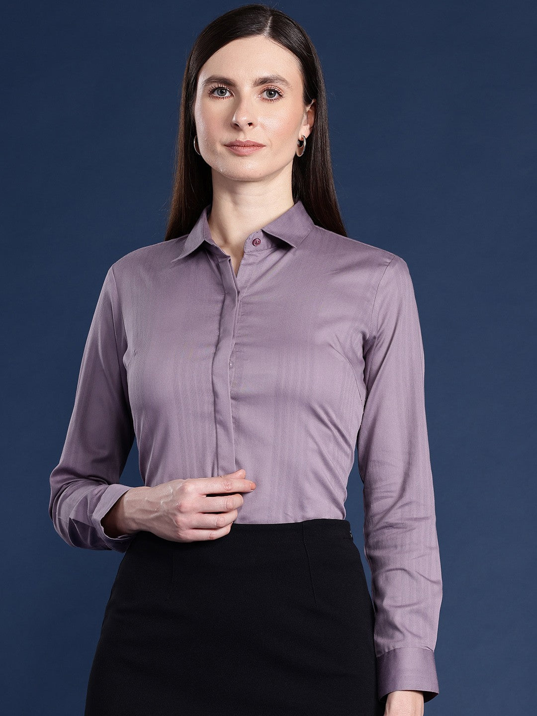 Hancock Women Purple Solid Self Design Pure Cotton Stretchable Wrinkle Free  Formal Shirt