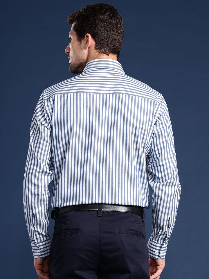 Men White Striped Pure Cotton Slim Fit Formal Shirt