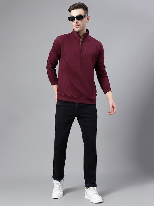 Men Burgundy Solid Half Zipper Long Sleeves Fleece Sweatshirt