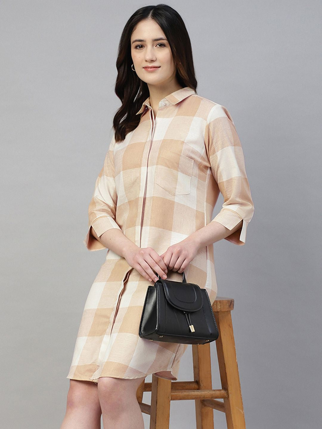 Hancock Women Beige Check Linen Cotton Regular Fit Formal Dress