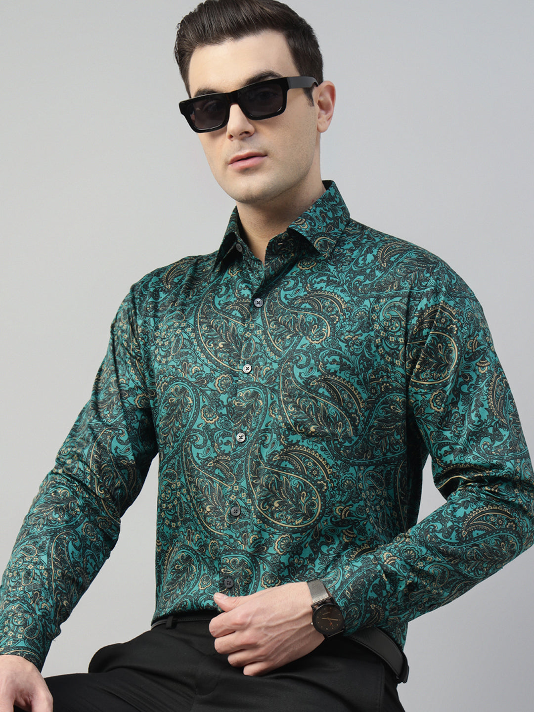 Hancock Men Green Prints Cotton Rich Slim Fit Party Shirt