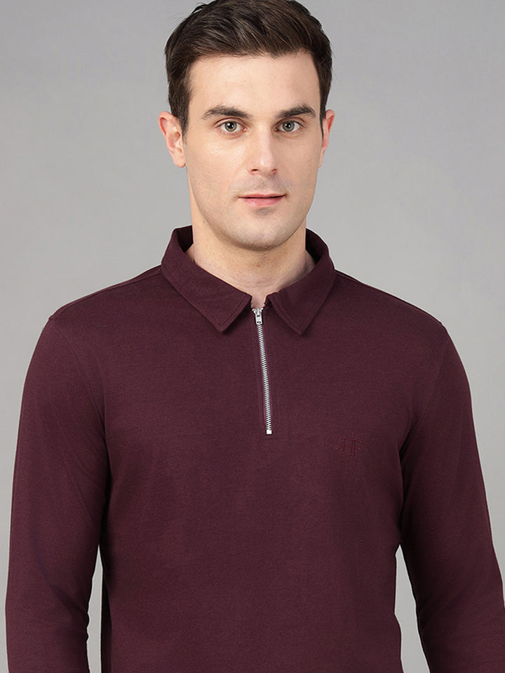 Hancock Men Burgundy Solid Pure Cotton Slim Fit Formal Tshirt