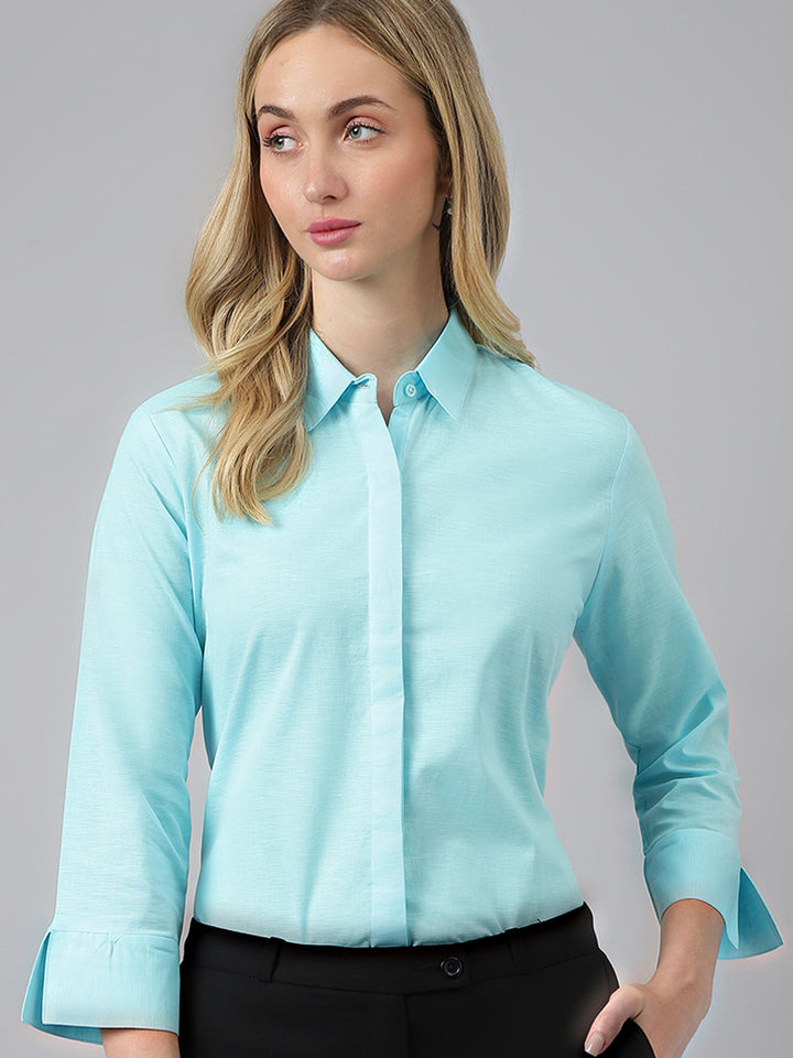 Women Sky Blue Solid Linen Cotton Regular Fit Formal Shirt