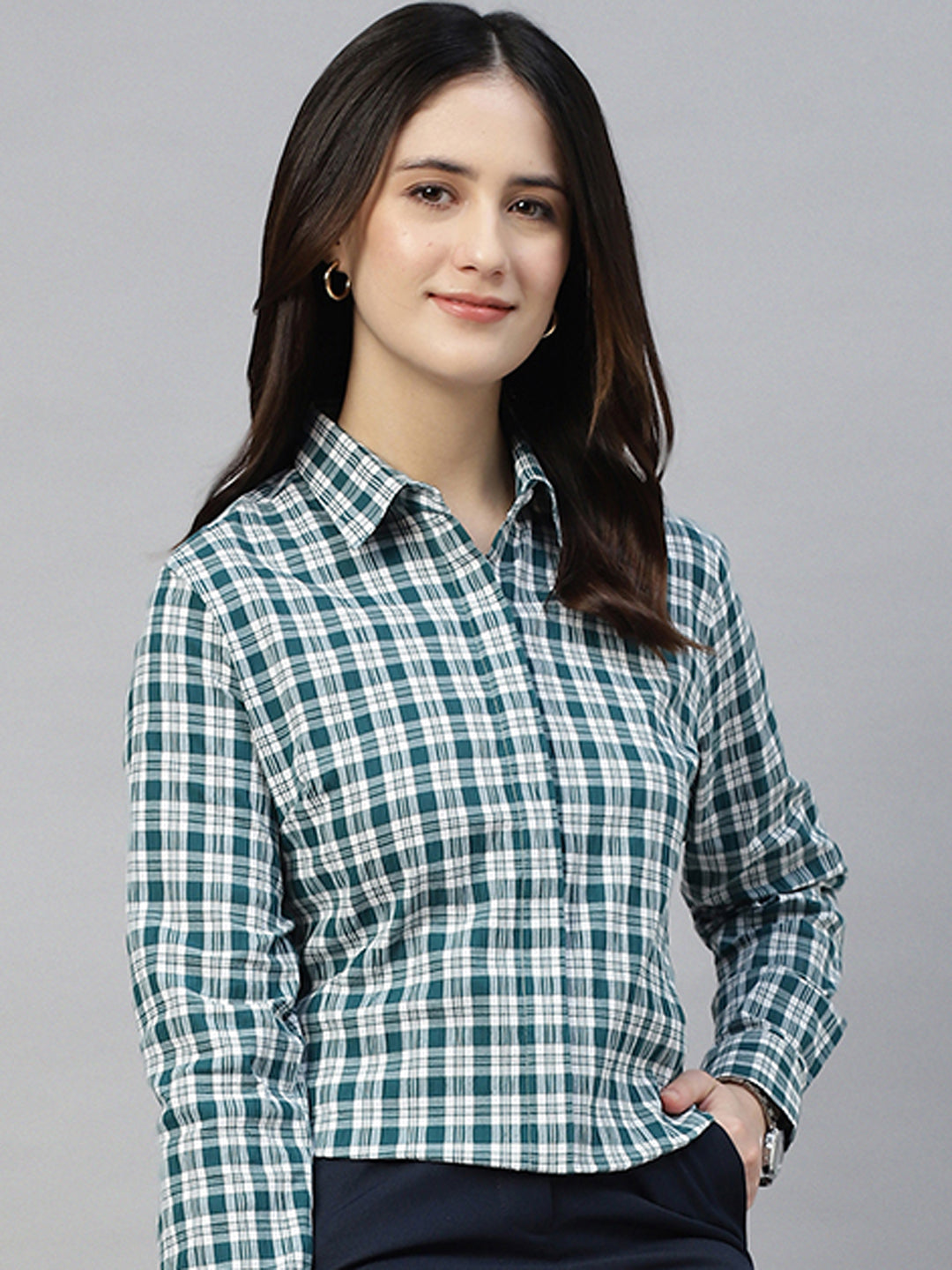 Hancock Women White Green Checks Pure Cotton Regular Fit Formal